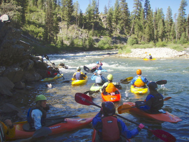 A pod of kayakers on the Middle Fork